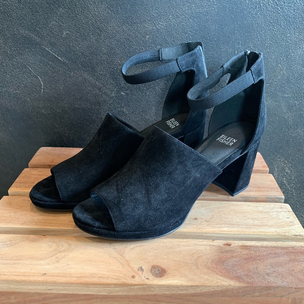 Eileen Fisher black suede block heels